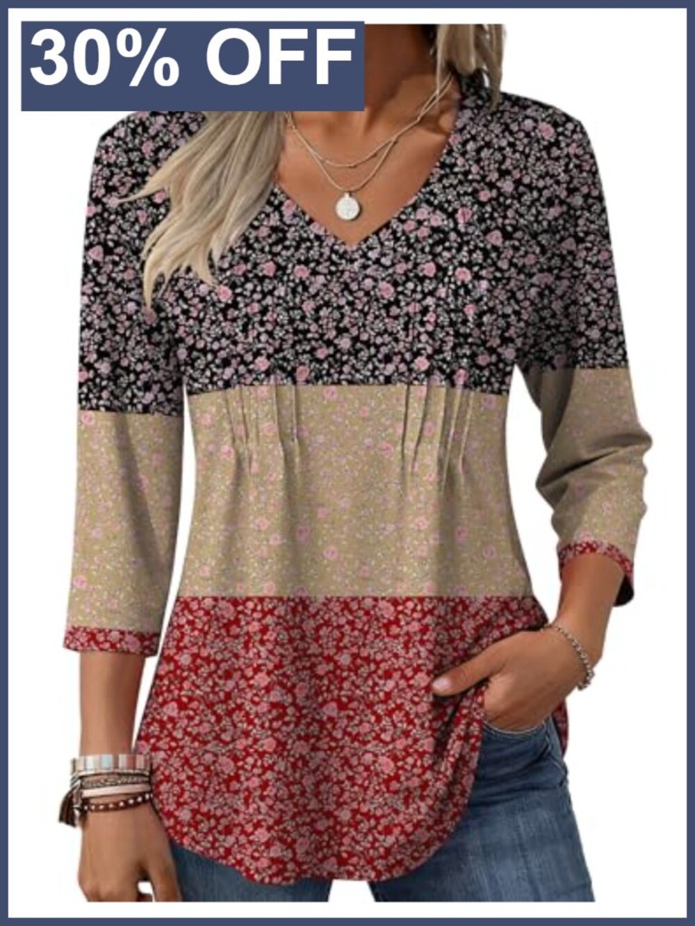 Womens 3/4 Sleeve V Neck Pleated Floral Blouse Boho Casual Top